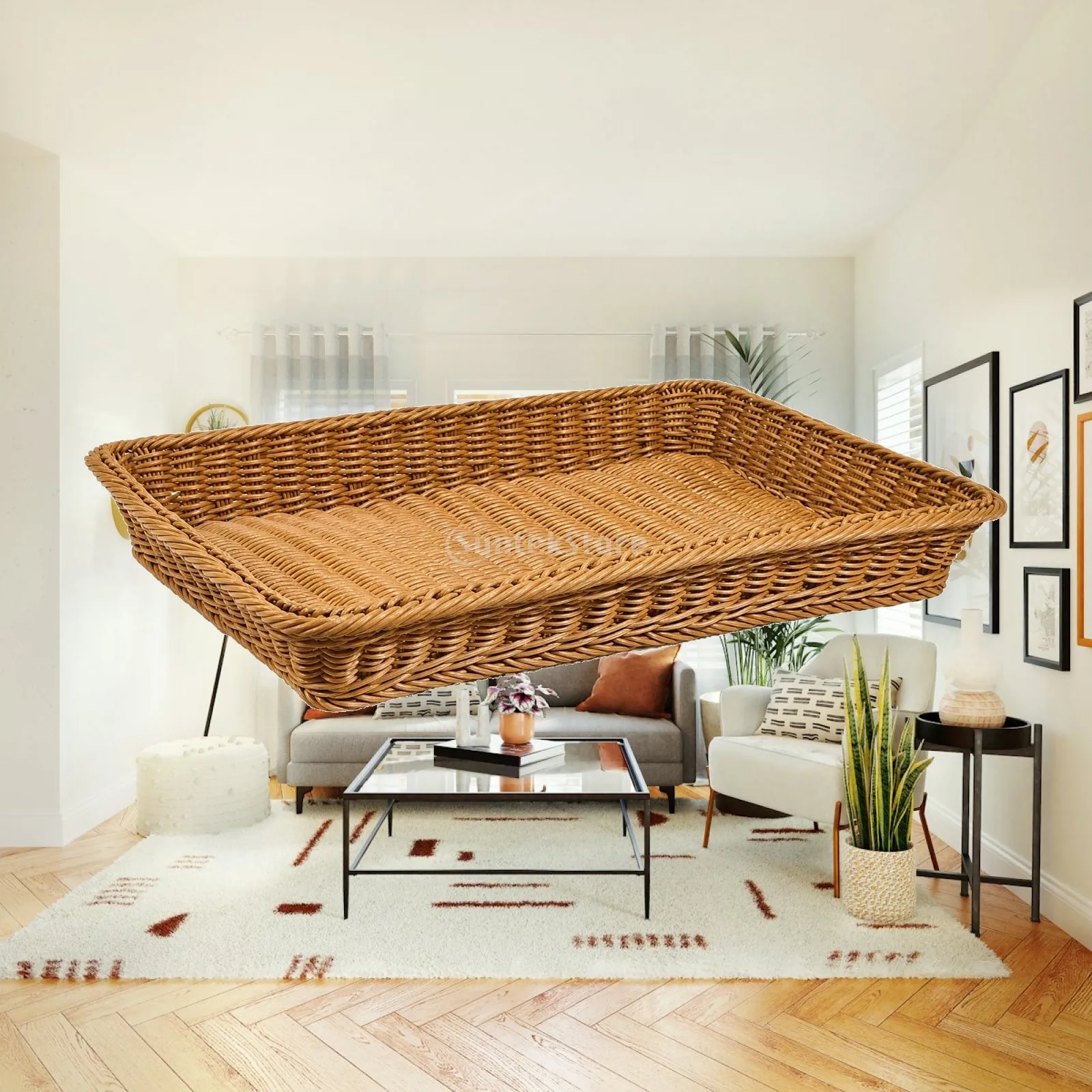 Imitation Rattan Basket for Kitchen Storage and Display Rectangular Wicker Crate for Bread Fruit Vegetable