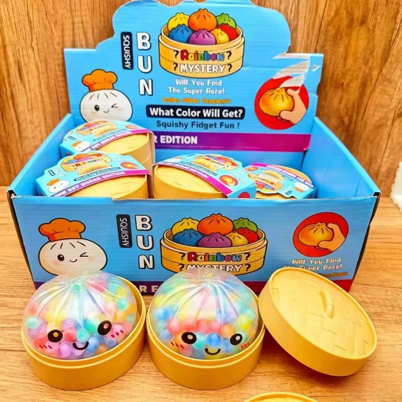 Edition Rainbow Bead Dumpling Squishy Fidget Toy with Bamboo Steamer Case Stress Relief Funny Gift