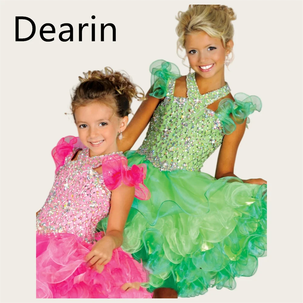 

Customized Flower Girl Dress Dearin Shoulder Girdle Ball Gown Mini Length Skirts Sequin Fold Dresses