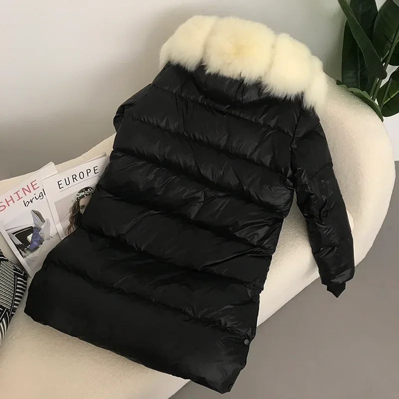 MENINA BONITA New Real Fox Fur collo di pelliccia di procione giacca invernale con cappuccio donna Warm Duck Down Long Streetwear capispalla staccabile