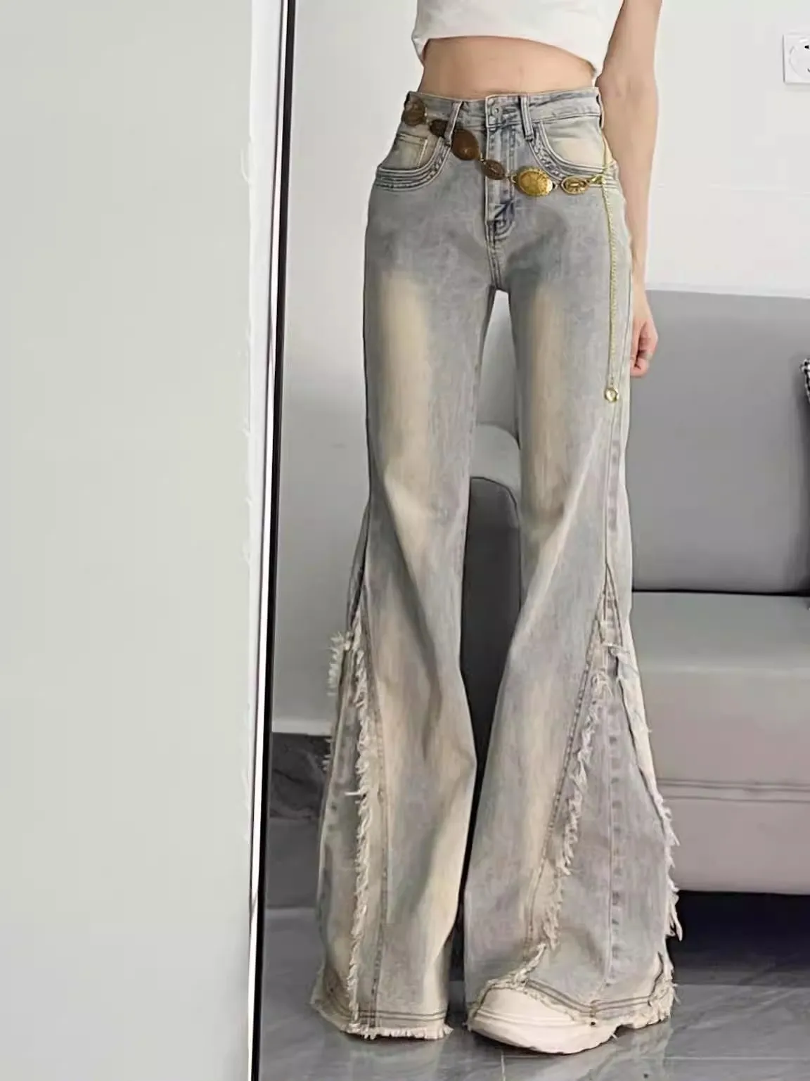 

Облегающие джинсы-колокольчики с высокой талией, женские летние брюки-колокольчики с высокой талией, потертый подол, длина до щиколотки, брюки длиной до пола