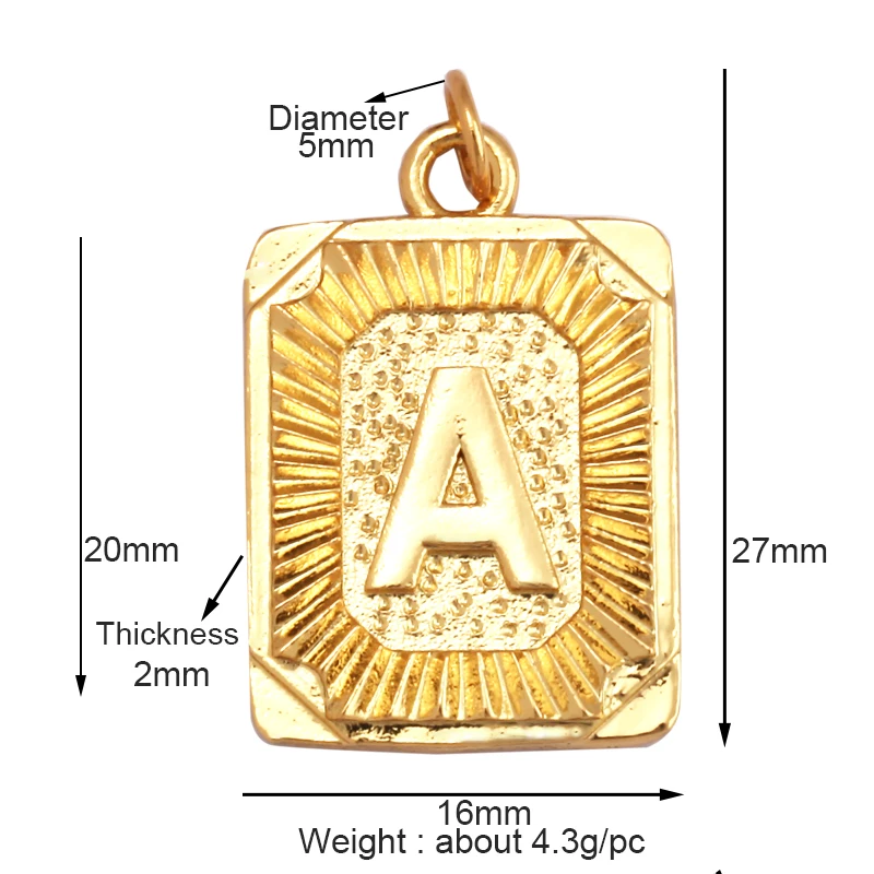 Hip Hop Style Rectangle 18K Gold Plated Initial Name A-Z Letter Charm Pendant Necklace,Trendy Jewelry Findings for Women Men L82