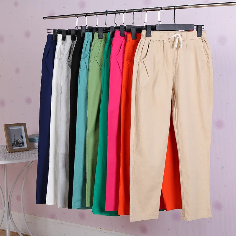 2024 Women pants Spring Summer Harem Pants Cotton Linen Solid Elastic waist Harem Trousers Soft high quality for Female ladys