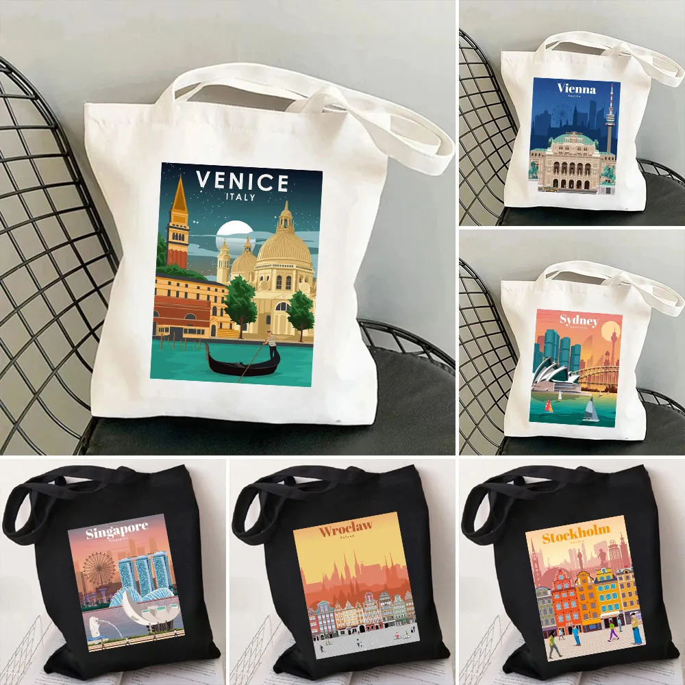 Singapore Stockholm Sydney Taj Mahal Venice Vienna Brussels Yerevan Women's Canvas Totes Bags Shopper Shoulder Shopping Handbags