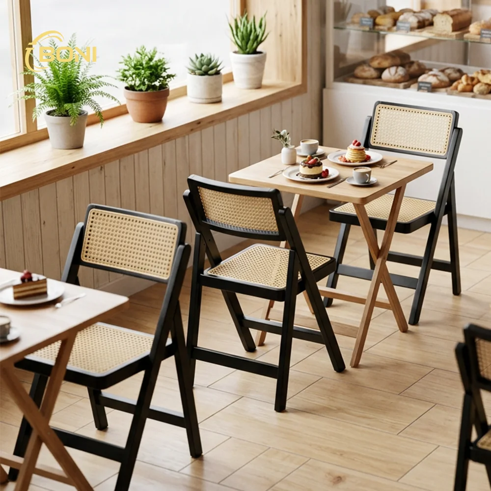 Modern Woven Rattan Foldable Hotel Chair Scandinavian Solid Wood Restaurant Banquet Event Chair Home