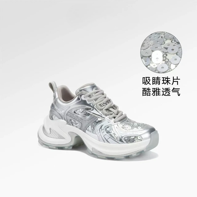 Spring New Starry Night Flight Platform Beads Silver Dad Shoes Women's Sneakers Lace-up High Quality