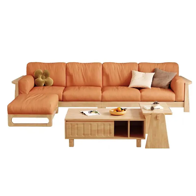 @！Cheap Sofa Set Cream Style Living Room Furniture Modern Compressed Package Corner Sofa With Ottoman L Shape Wood Sofa Set