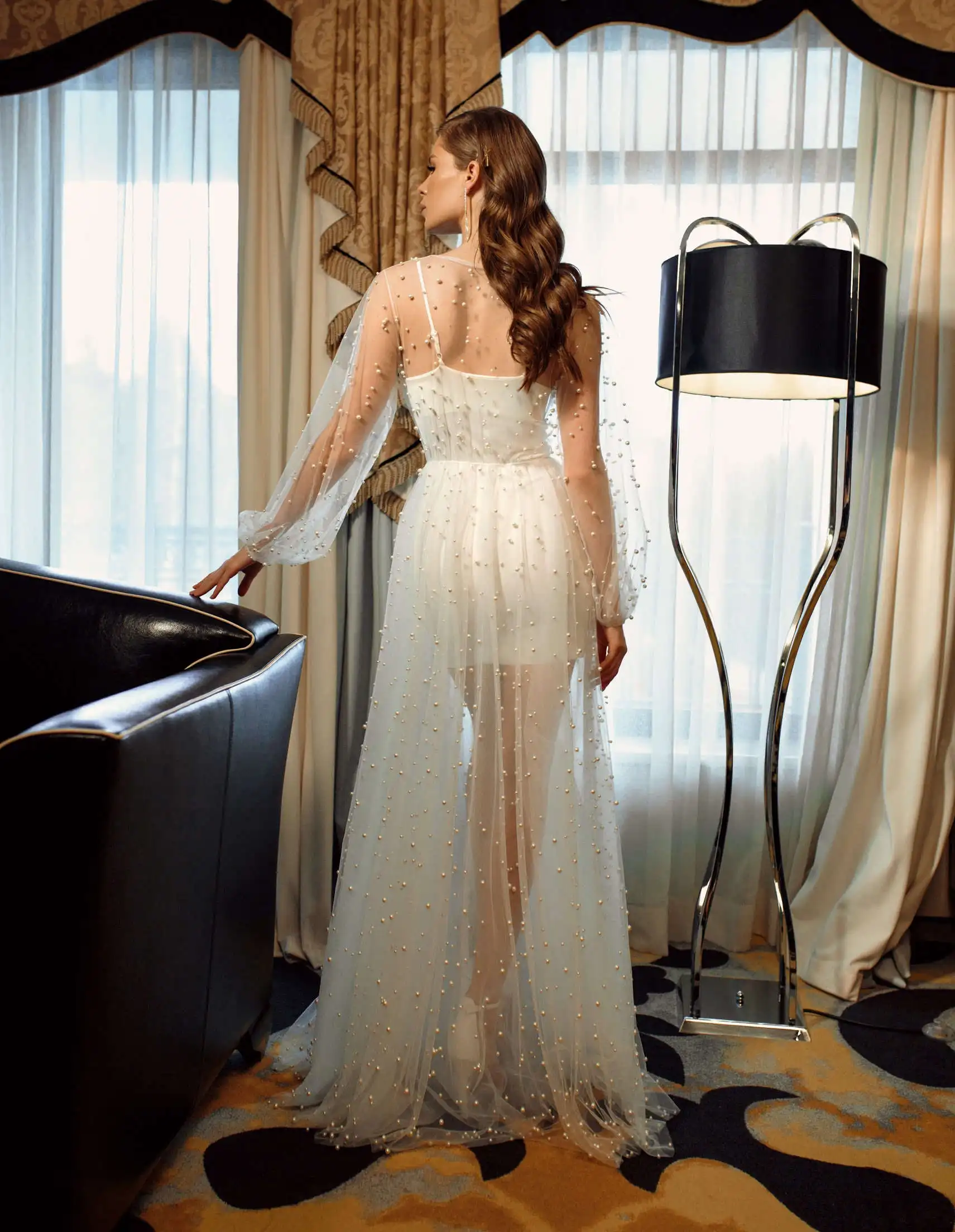 Sexy Appliques Pearl Nightgown Sheer Lace Women's Robe V Neck Long Sleeves Lady Party Sleepwear Evening Dress Customized