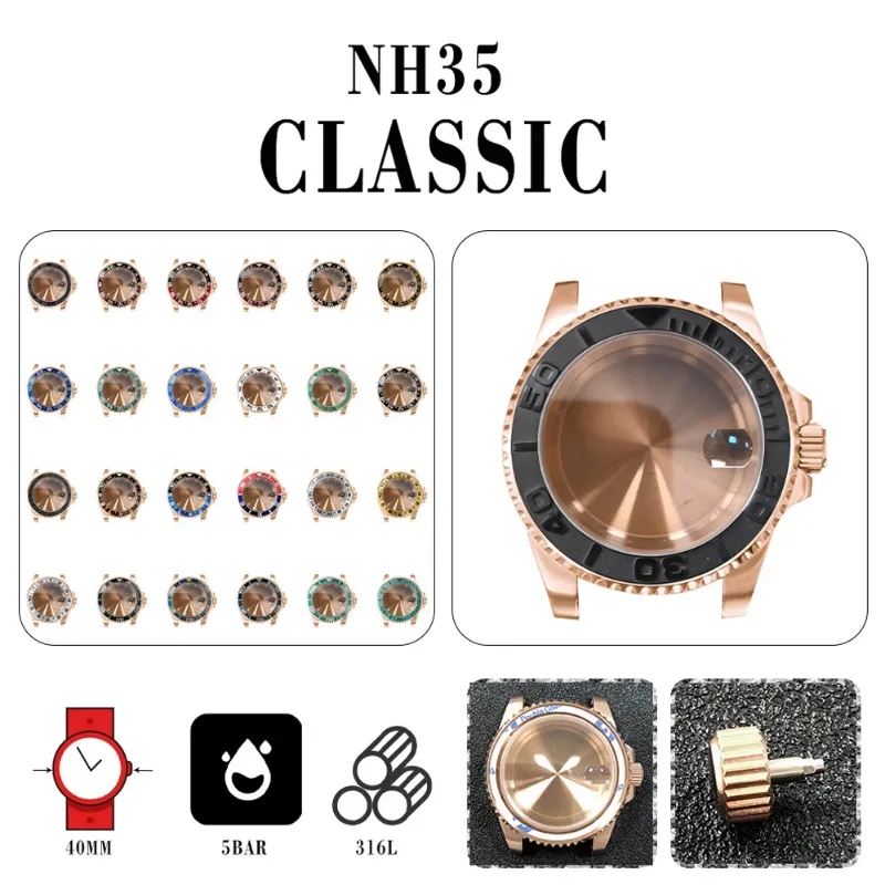 PVD electroplated rose gold stainless steel case 40mm sapphire magnifying glass suitable for NH35/NH36 movements