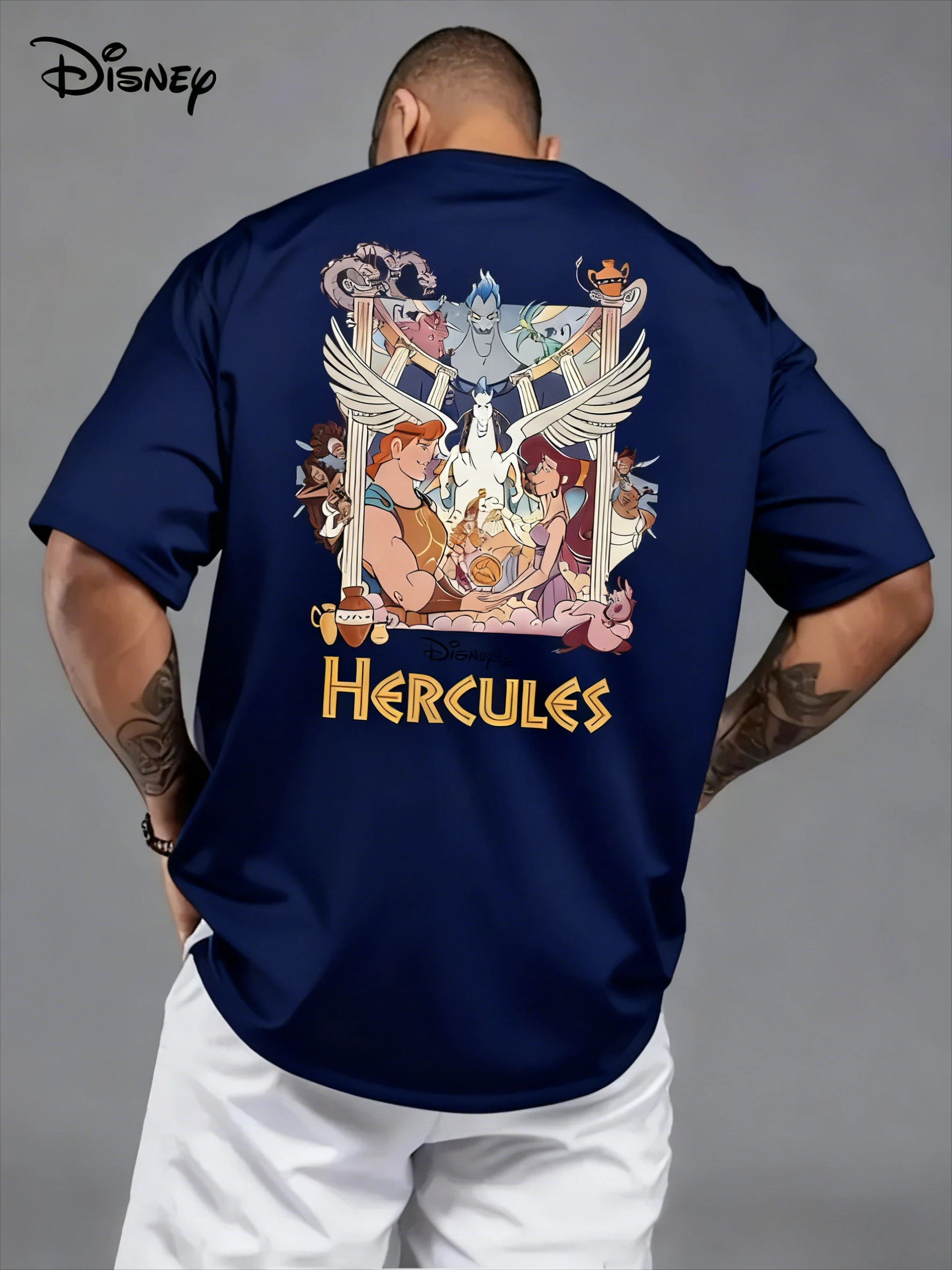ديزني الكرتون هرقل تي شيرت مطبوع 2026 صيف جديد الشارع الأمريكي الهيب هوب عادية كم قصير Y2K للرجال والنساء