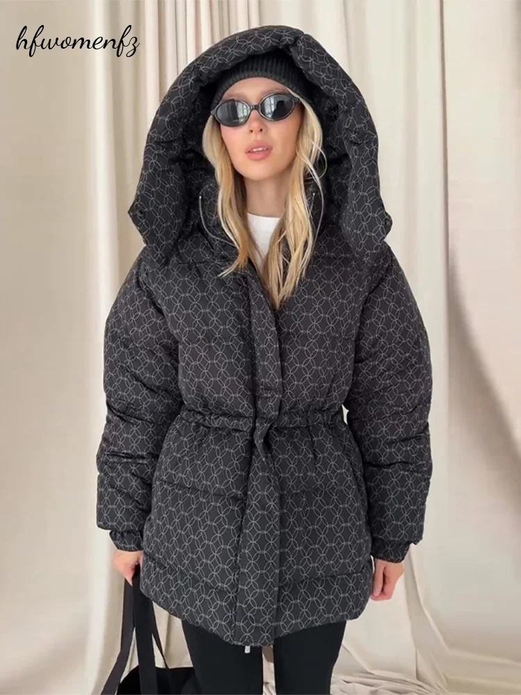 Women's Winter Printed Hooded Jacket Long Sleeve Waist-cinching Pockets Cotton Coat Female 2026 Fashion Lady Street Outwears