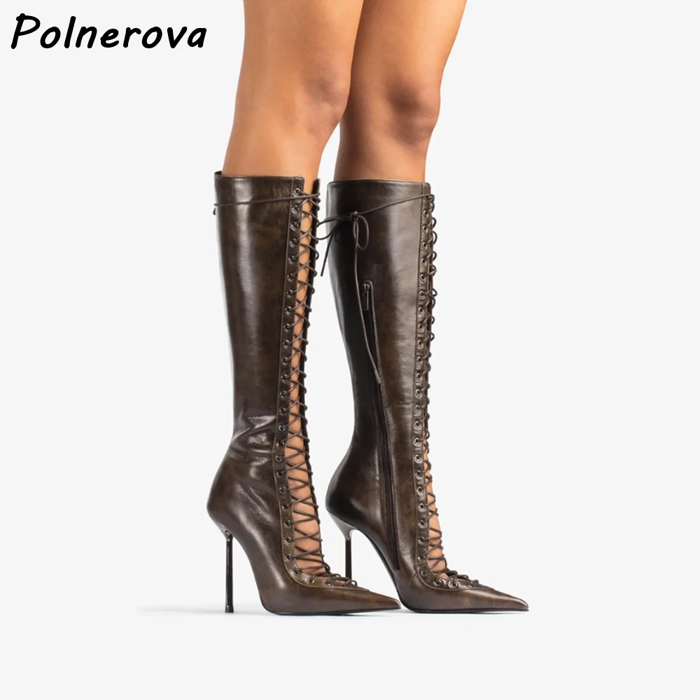 

Hollow Cross Tied Boots Pointy Toe Thin Heels Brown Black Lace Up Knee High Boots Sexy Trendy Women's Runway Leather Shoes 2025