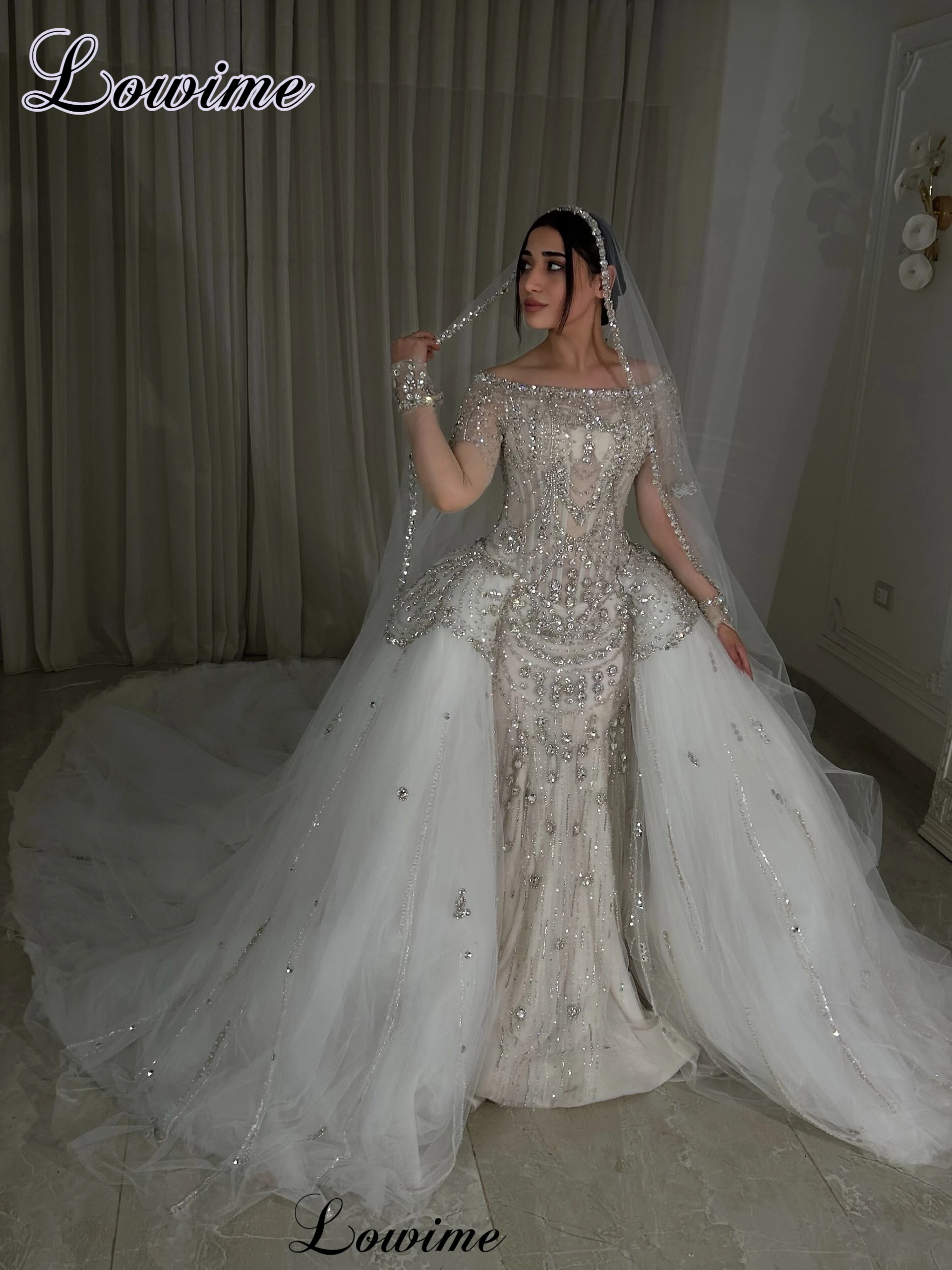 Luxury Sparkling Wedding Dresses With Detachable Train Off Shoulder Long Sleeves Wedding Gowns Vestidos De Novia Customized
