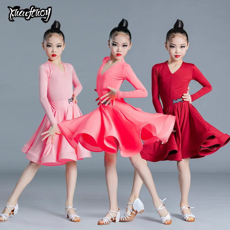 Novo vestido de dança latina das crianças para meninas dança prática vestido de dança latina vestido de manga longa competição split vestido feminino perfo