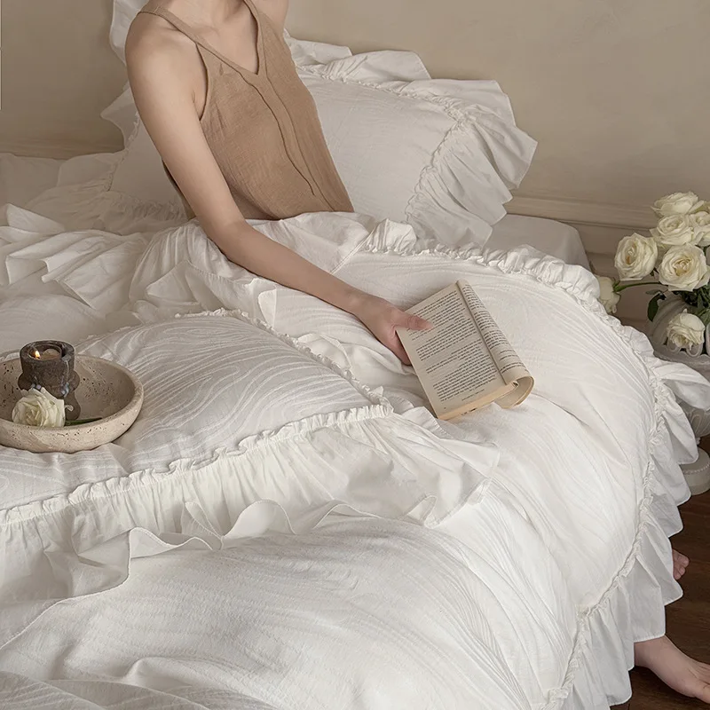 100% Cotton White Jacquard Bedding Set French Style Ruffle Flounce Duvet Cover Princess Vintage Bed Skirt Sheet Pillowcases
