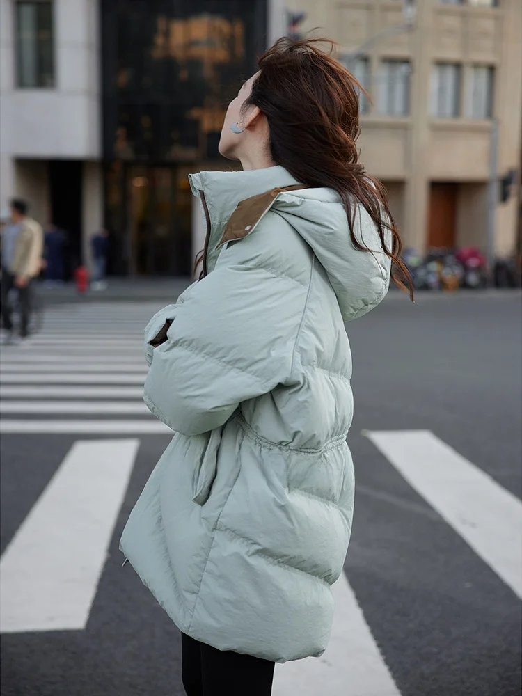 

Women's Mid-Length Hooded Du down Jaet 90 White Du Feather Warmth Bread Sle Coat Blue Salt Sea Color Zipper Closure