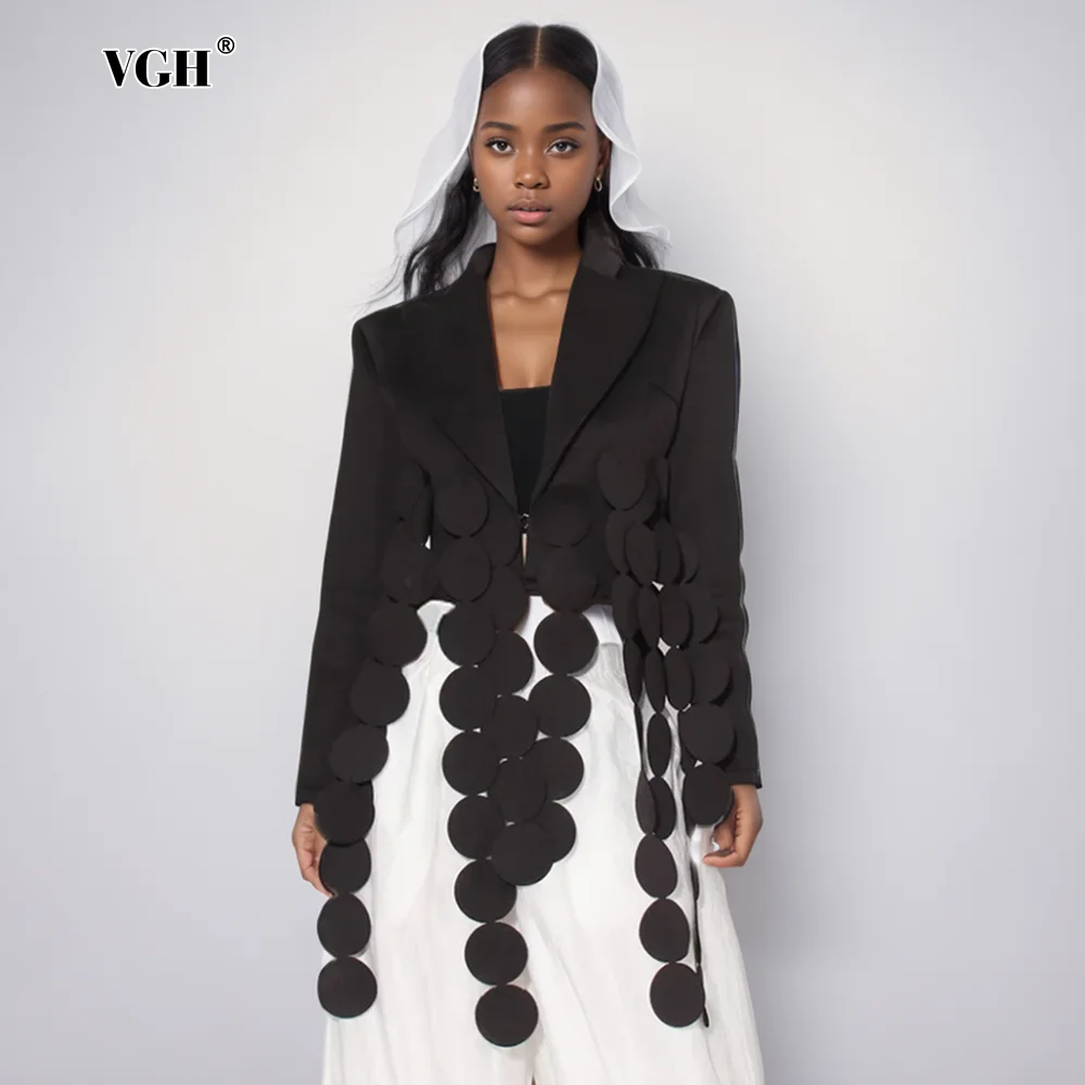 VGH Irregular Chic Casual Blazers For Women Notched Collar Long Sleeve Slim Spliced Tassel Slimming Blazer Female Fashion New