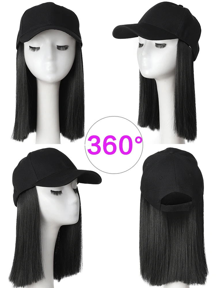 10Inch Synthetic Long Straight Black Baseball Cap Wig Adjustable Hat for Women Outdoor Daily Casual Street Hair Style