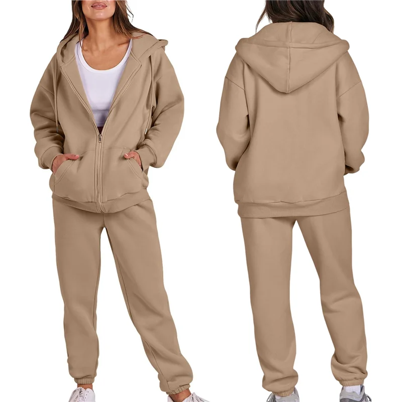 

P5-Women Zip Up Hoodies Long Sleeve Solid Color Fall Casual Fashion Jackets With Trousers Set