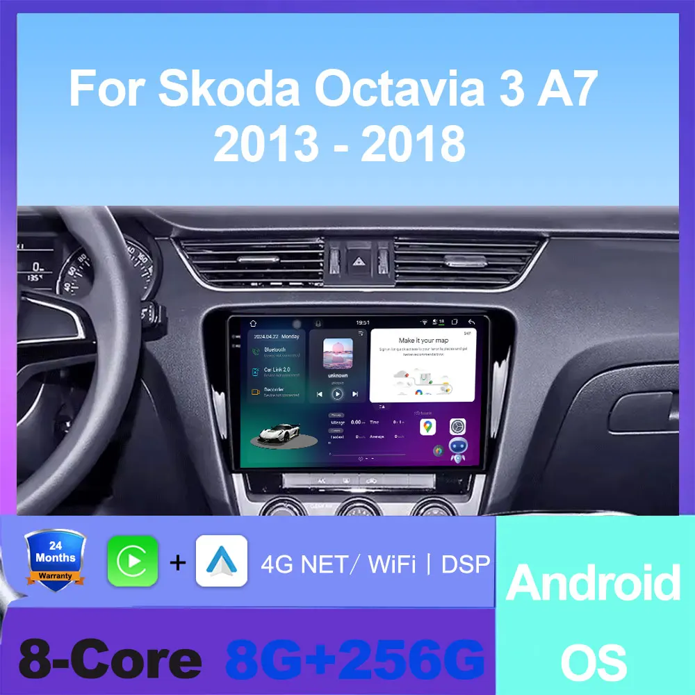 

For Skoda Octavia 3 A7 2013 - 2018 Android 14 Carplay Auto 4G+WIFI GPS Car Radio Navigation Multimedia Video Player Stereo BT