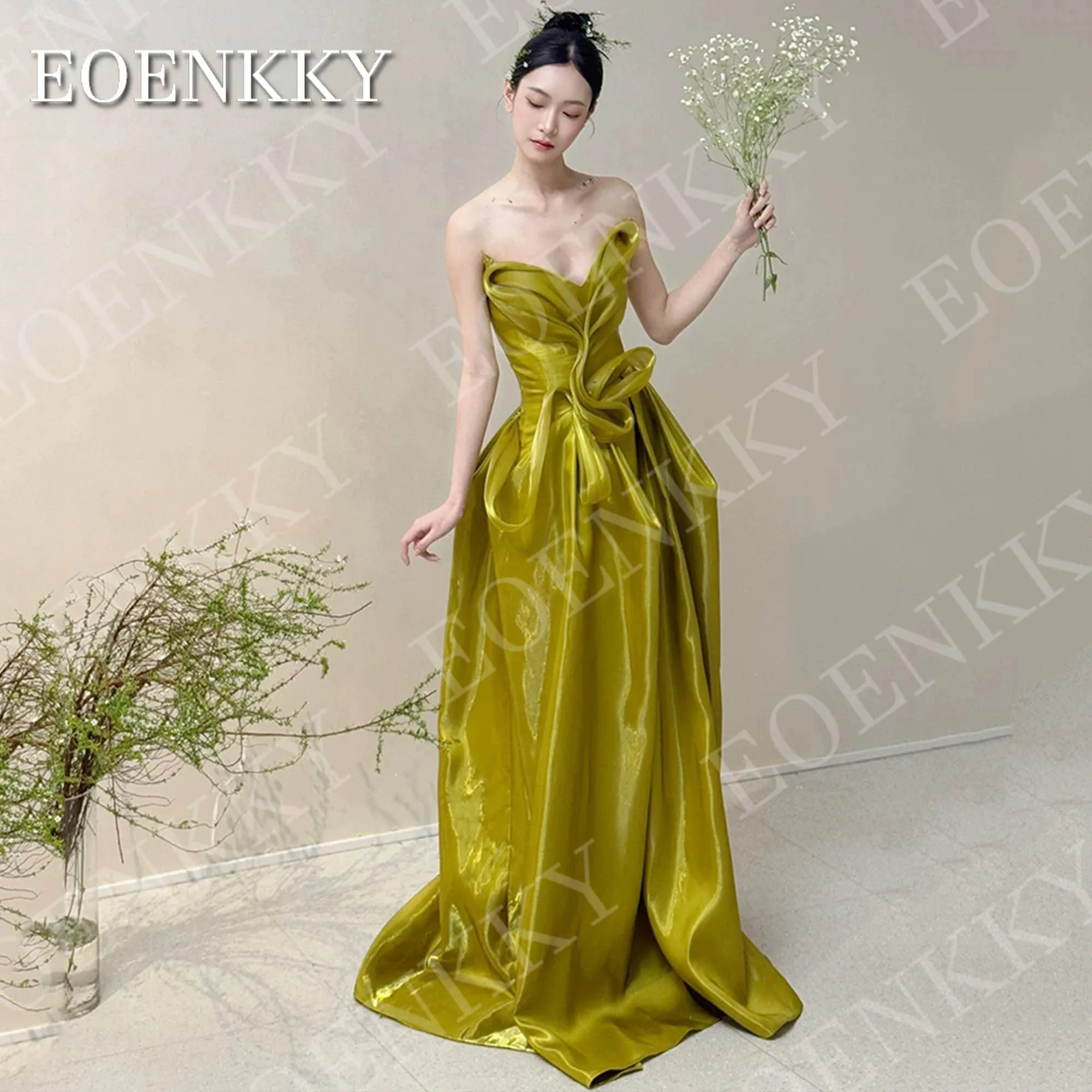 

EOENKKY A Line Evening Dresses Strapless Customized Prom Gowns Elegant V Neck 3D Ruffle Special Occasions Dress платье вечернее