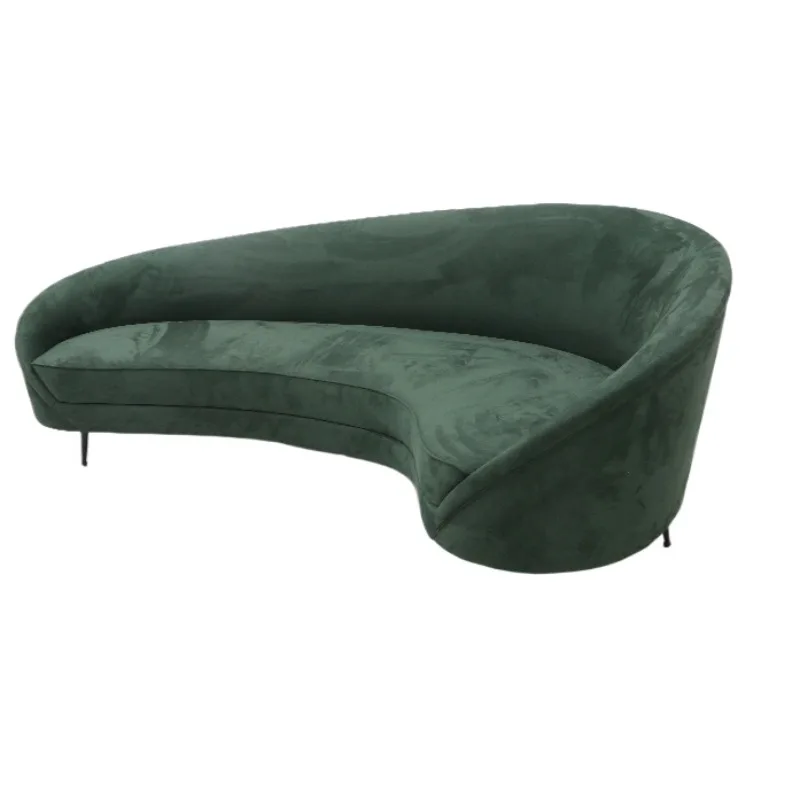 A minimalist modern curved fabric sofa with a solid wood frame, green color, suitable for apartments and hotels