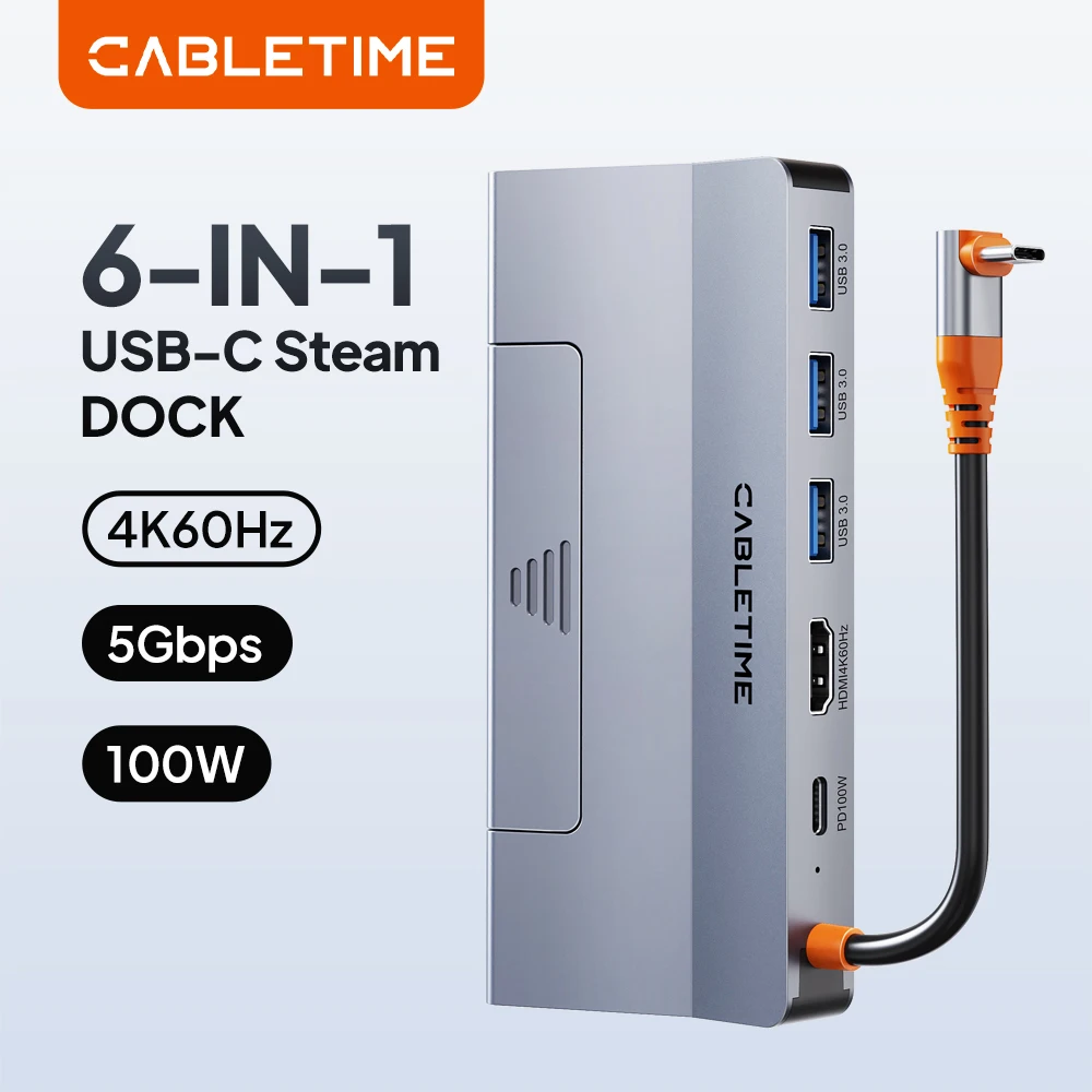 CABLETIME 6 IN 1 USB C Steam Dock 4K@60Hz HD Display PD100W 5Gbps High Speed Data Transmission Folding Design for Steam Dock