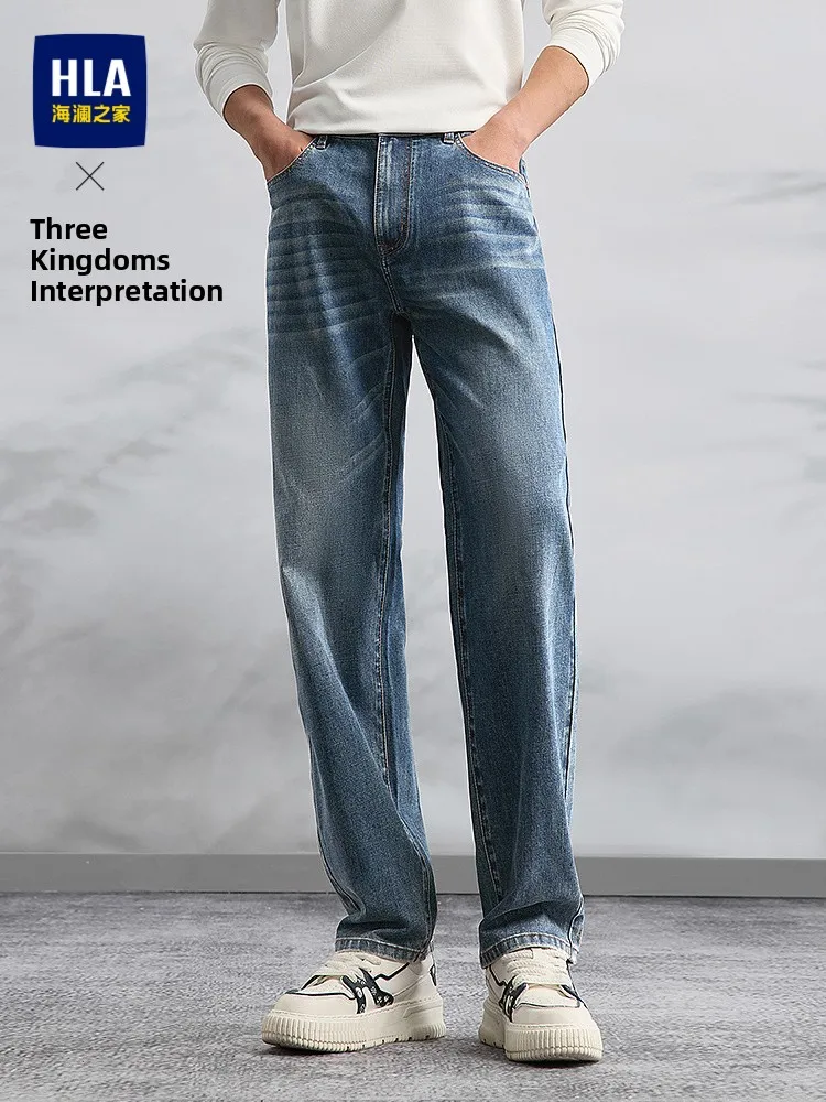 Fashionable Straight Leg Men's Jeans HLA Sea Lake Home Slim Fit Washed Denim Casual Cotton Polyester Blend Autumn Wear