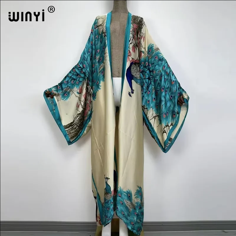WINYI Catwalk Kimono Women Printed bubble hem coat Long Sleeve Cardigan abaya dubai luxury beachwear Cover Up boho dress Caftan
