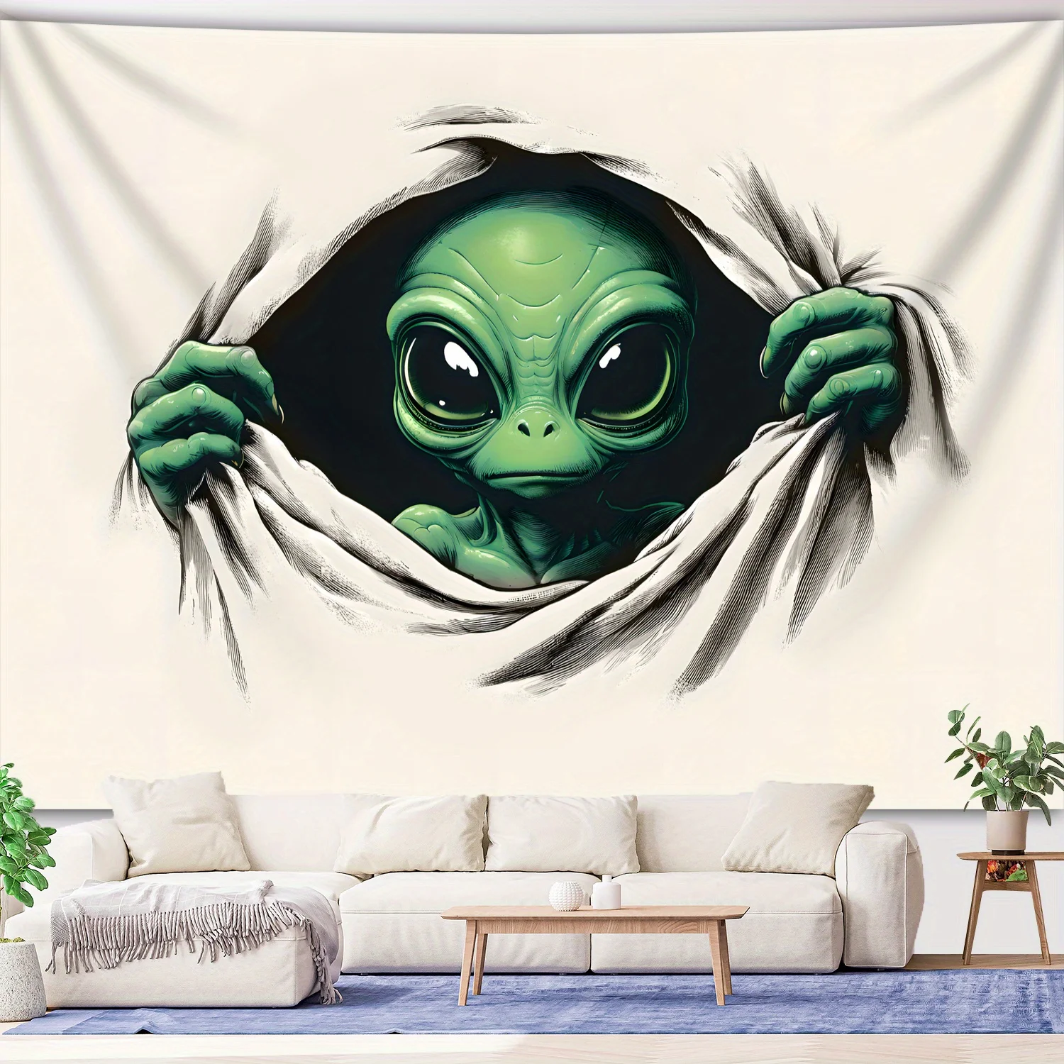 3D Alien Tapestry 1pc – Green Alien Peeking Through Torn Wall, Sci-Fi Wall Hanging for Living Room or Gamer Room Decor