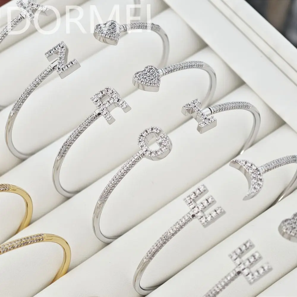 DOREMI New Styles Bangle Ready To Ship Custom Letters Heart Stars Charms Bangles Cuff Full Crystal Bracelet Bangles