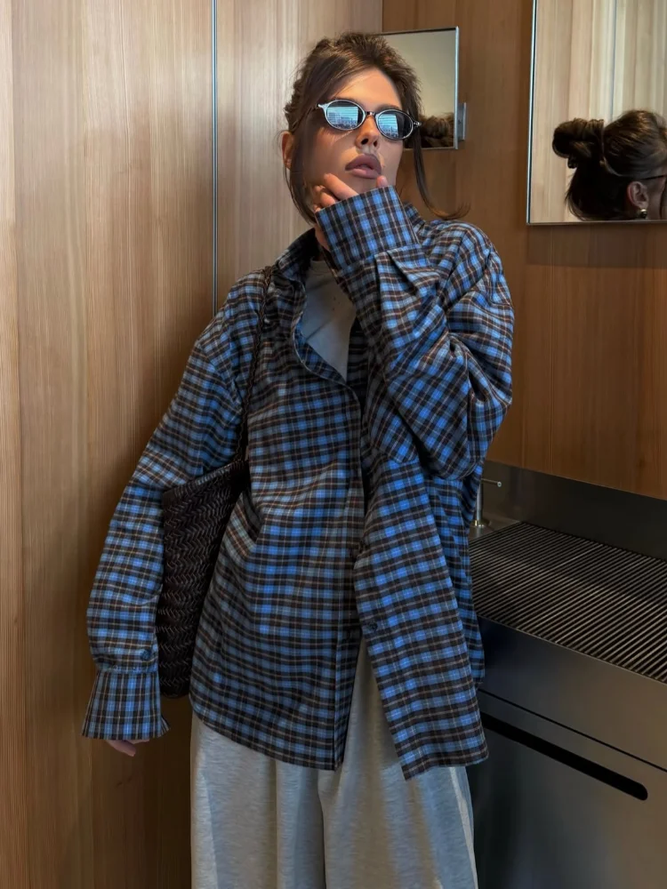 

Blue Lapel Single-breasted Top Women Chic V-neck Curling Edge Plaid Long Sleeves Loose Shirt 2026 Spring Autumn Lady Daily Wear