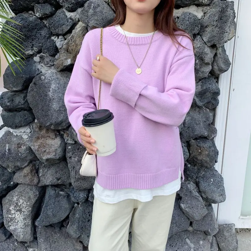 Autumn Winter New Fashion Round Neck Long Sleeve Solid Pullovers Women\'s Clothing Casual Loose Knitting Simplicity All-match Top