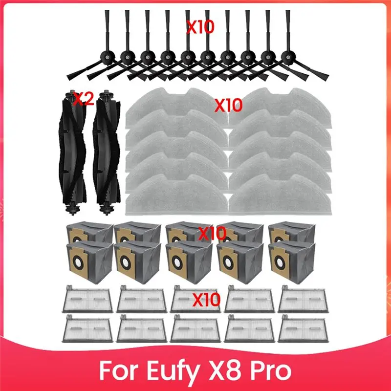 

Запасные части для робота-пылесоса Eufy X8 Pro: основная щетка, боковая щетка, фильтр, салфетка для влажной уборки, мешок для сбора пыли
