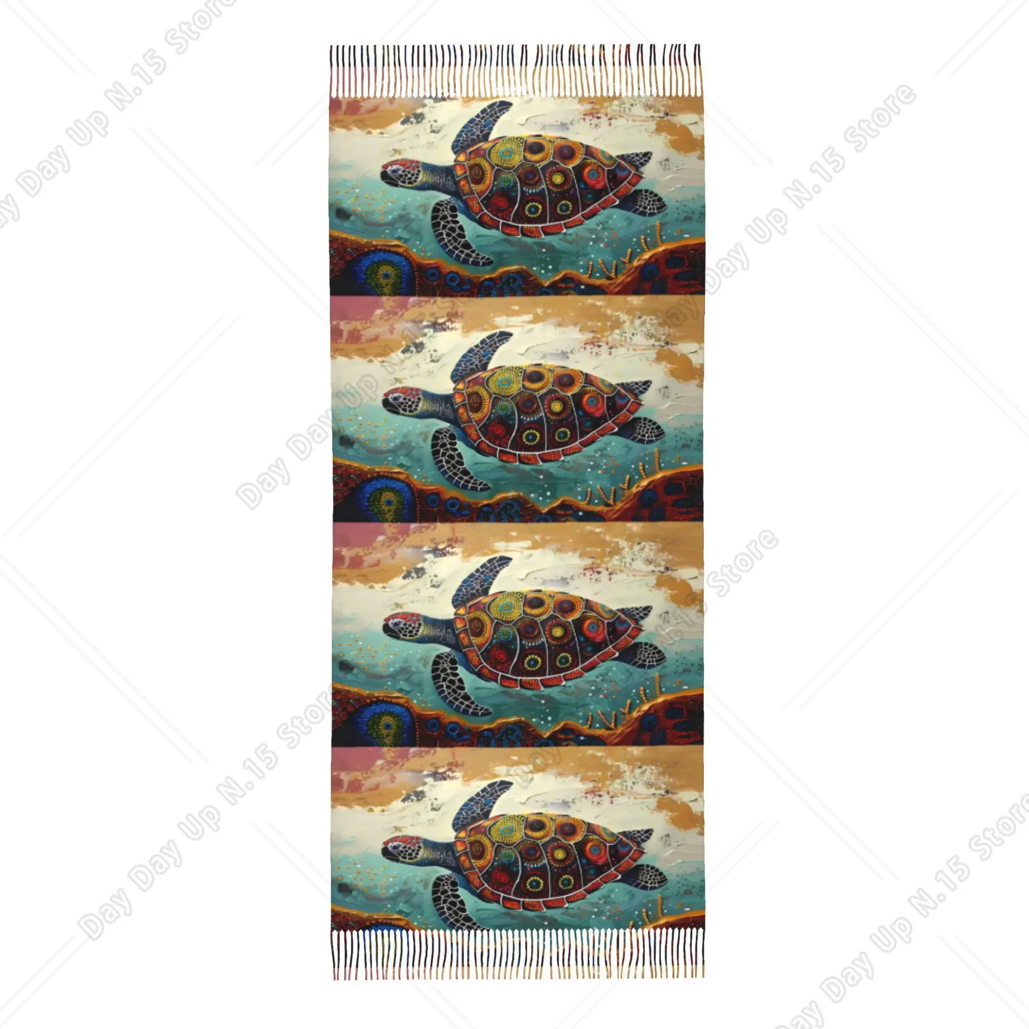 Title: Colorful Mandala Turtle Print Tassel Wrap Retro Ocean Art Decorative Scarf