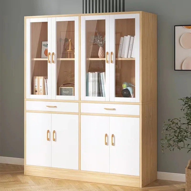 Bookcase Wooden Modern With Glass Doors Living Room Space Saving Easy Assembly