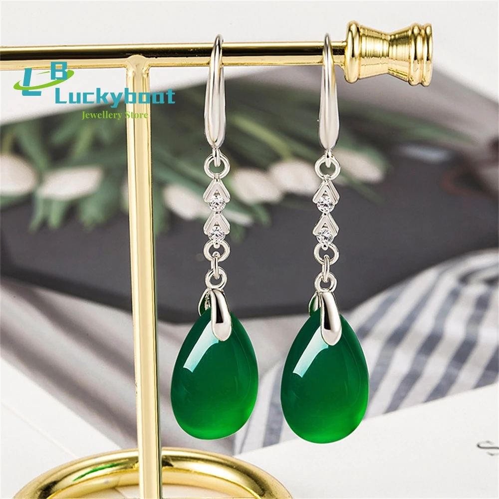 Ethnic Style Long Green Agate Drop Shaped Earrings Women's Diamond Inlaid Antique  Chalcedony Jewelry