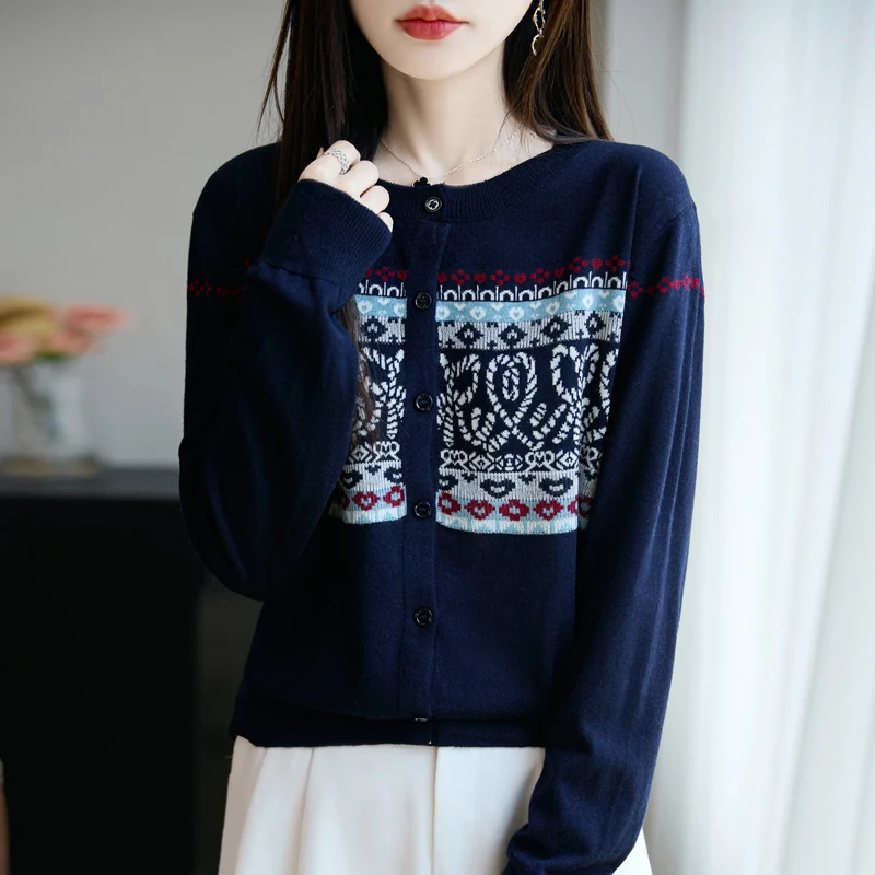 2025 Otoño/Invierno cárdigan de mujer cárdigan de Jacquard de moda cárdigan de Cachemira para mujer suéter Casual cárdigan abrigo de punto