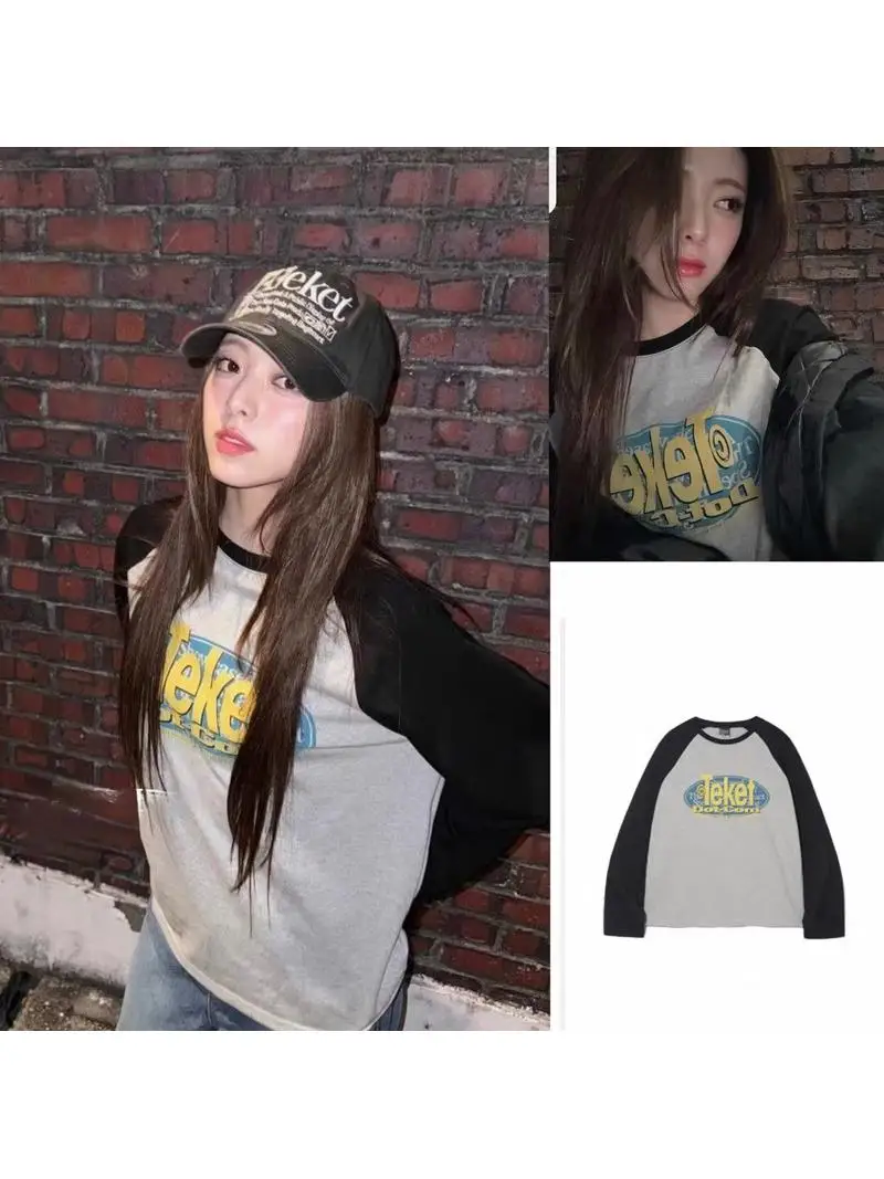 Teke Shinyou Na American Retro Shoulder Sleeve Letter Print Long Sleeve Women's T-shirt Autumn New Style Polyester Fiber