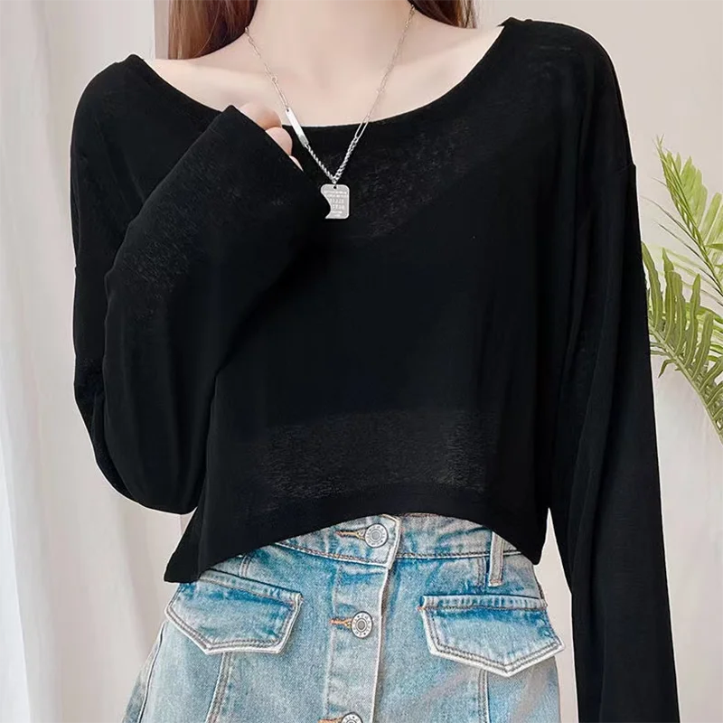 Long Sleeve Thin Crop Top Y2K Summer Knitted Ice Silk Sun Sunscreen T Shirt Korean Fashion Loose Mesh White Tops Tees