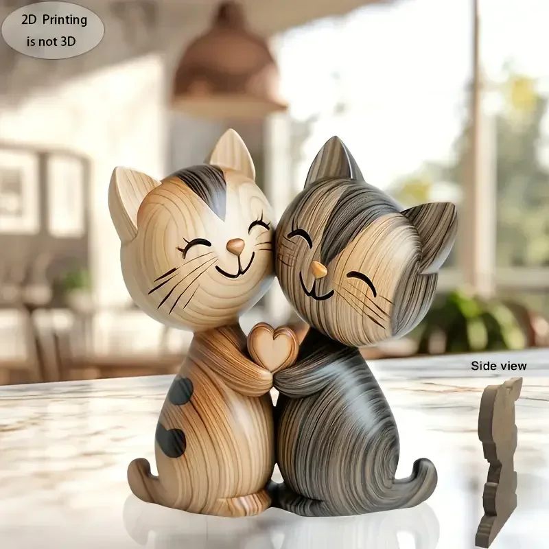 Wooden Kitten Couple Sculpture Charming 2D Flat Cat Enthusiast Gift Light and Dark Wood Grain Desktop Entrance Home Decoration