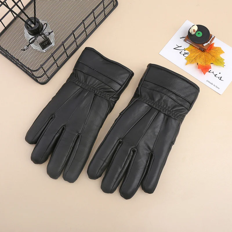 Cross-Border Fur Men's Leather Gloves Winter Riding Motorcycle Windproof Warm Gloves Thickened Leather Patchwork Real Leather Gl