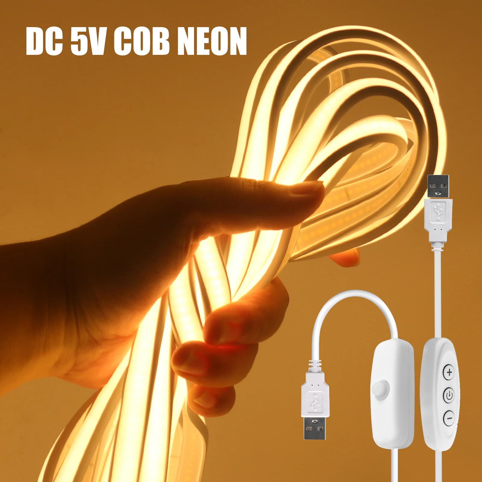 

Неоновая лампа COB DC 5V с 2-контактным разъемом/USB/переключателем/сенсорным диммером, 320 светодиодов/м, IP65, водонепроницаемая, холодный/теплый/нейтральный белый свет, гибкая декоративная лампа