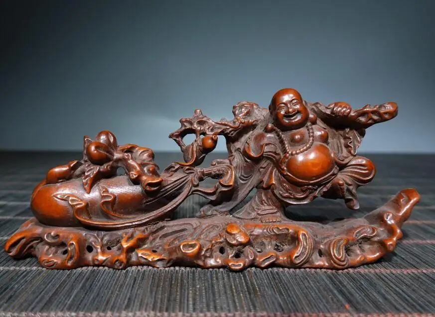 

Collect China Box-Wood Hand Carving Buddhism Moneybag Maitreya Buddha Staue