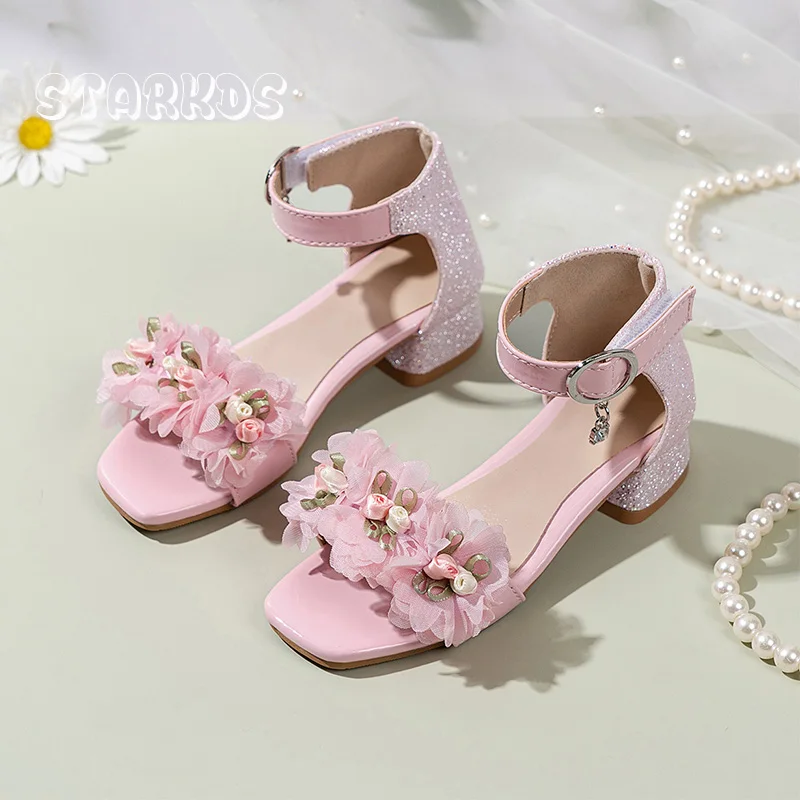 

Pink White Fairy Lace Flower Sandal kid Girl Low Heel Ankle Strap Glitter Dance Pumps Child Square Toe Bling Wedding Party Shoe