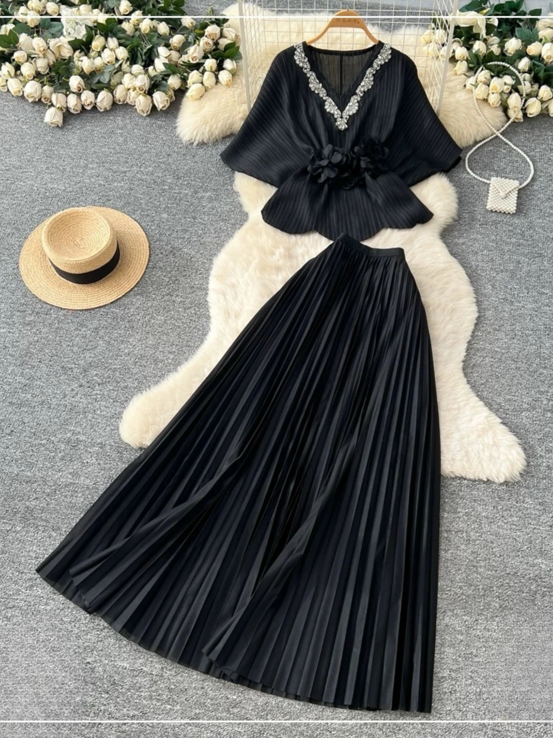 EGRM Elegant Rhinestone Pleated Skirt Sets Slim Party Club Vintage Dress American Fashion Women Clothes Two Piece Set 9R3018 image 4