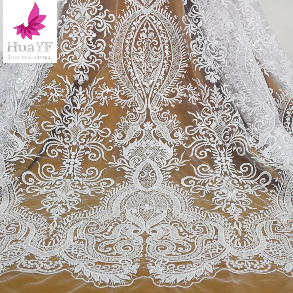 New High Quliaty Beautiful Bridal White Lace Fabric Special Disign, Beaded Wedding Dress Lace Fabric 1 Yard HY1533