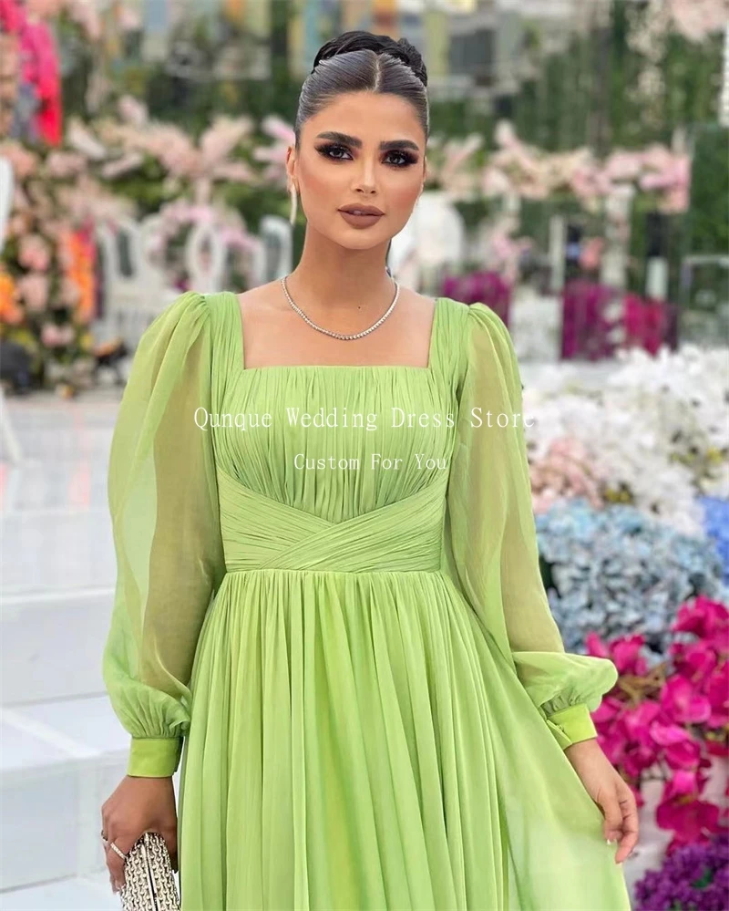 Qunque Mint Green Chiffon A Line Prom Dresses Customized Pleat Ruch Long Formal Occasion Dresses Vestidos De Gala Party Dresses