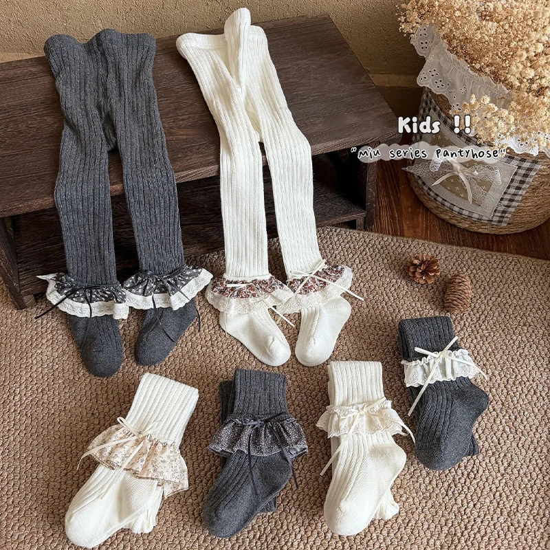 3 PCS Toddler Girls Tights Vintage Lace Ruffle Bowknot Kids Girls Pantyhose Soft Cotton Kids Princess Stockings For Girls