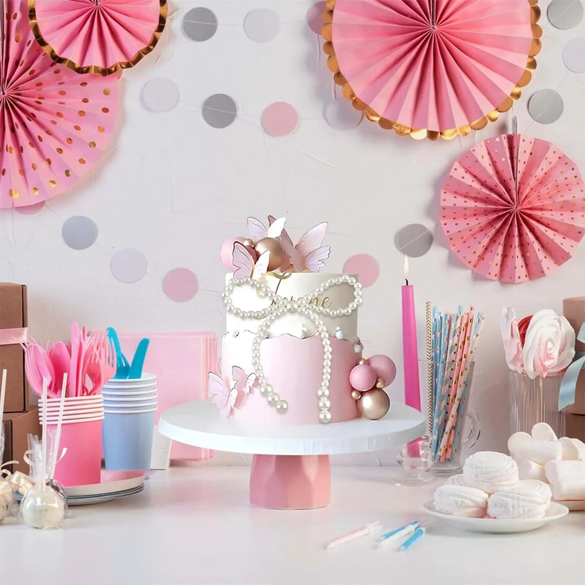 Weiß/rosa Perlenschleife-Kuchendekoration, geeignet für einzelne Partys, Geburtstage, Taufe, Hochzeiten, Partydekoration mit Prinzessinnenmotiv. – Detail 3